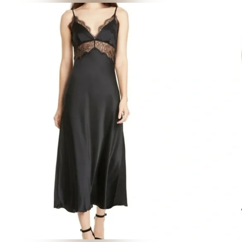 Wayf Black Lace-Trim Slip Midi Dress